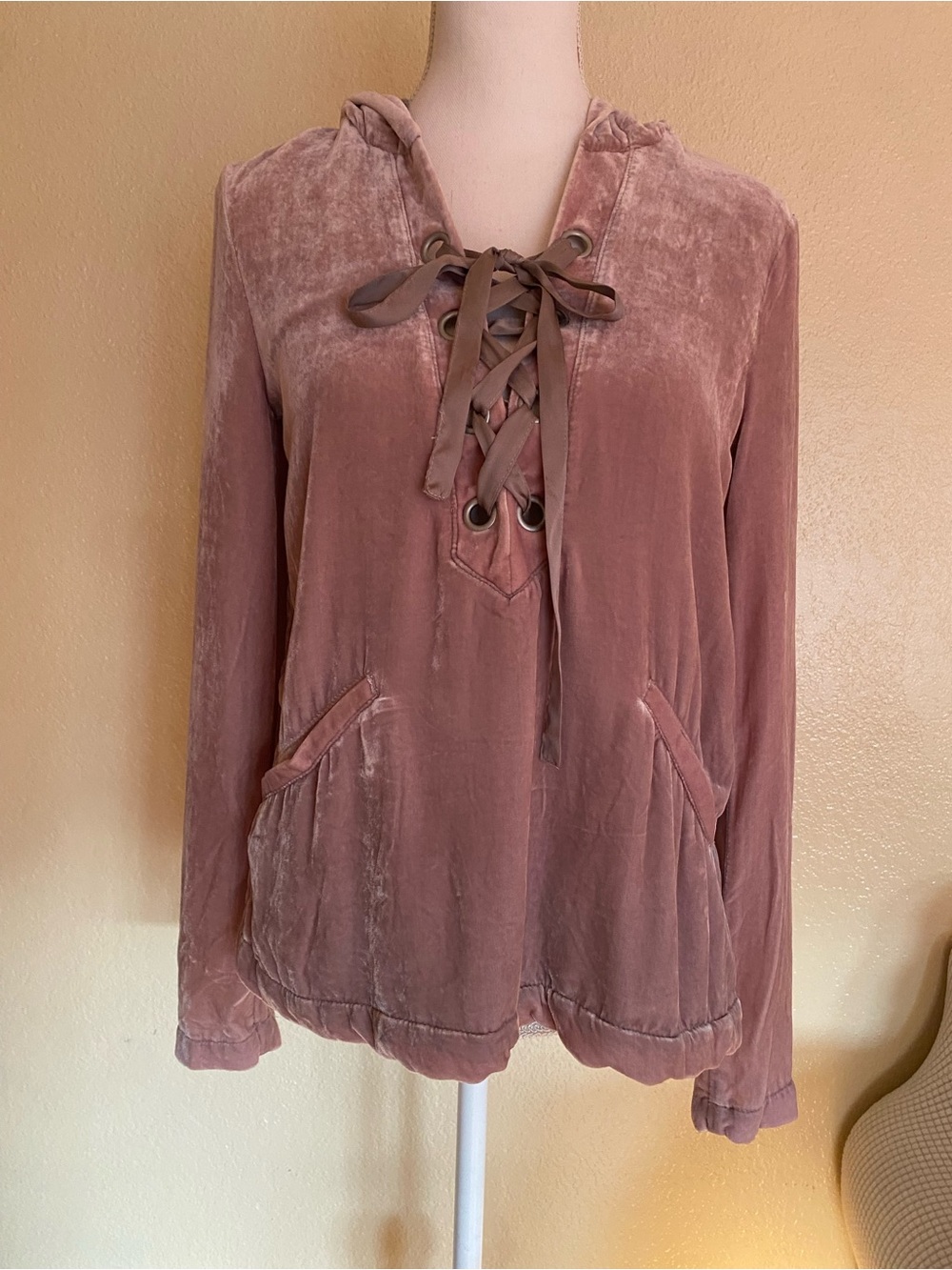 Free People Silk Velvet Lace Up Hooded Pullover Top
